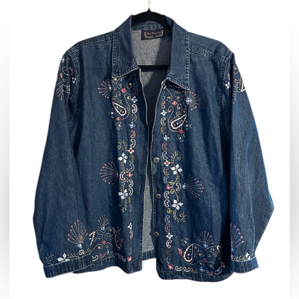 new directions Dark Blue Denim Jacket with Multicolor Embroidery